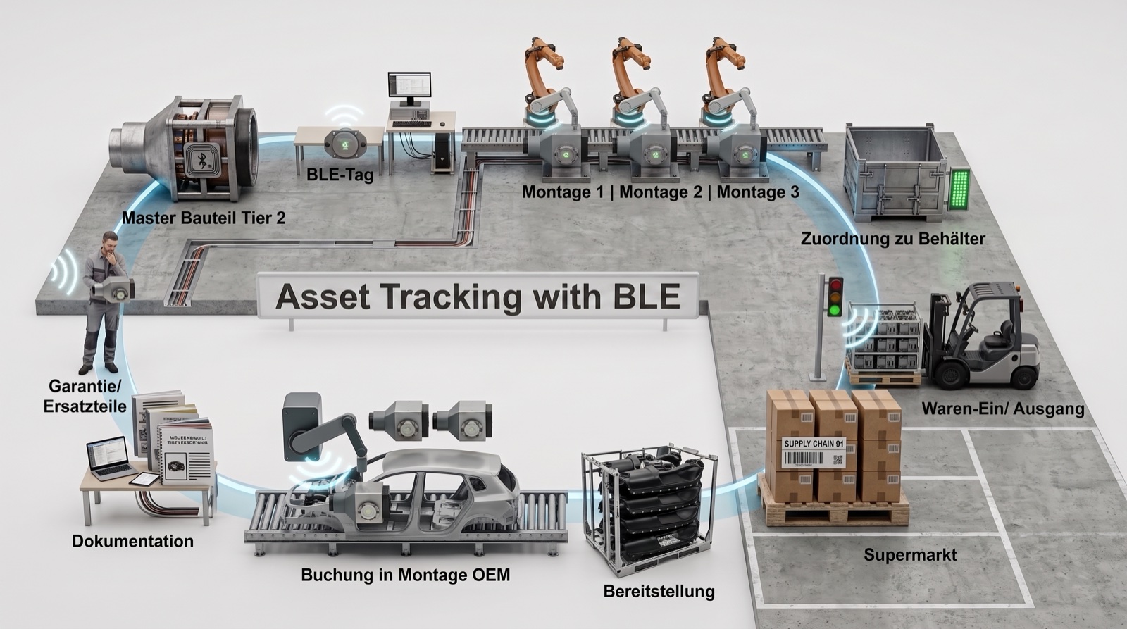 Grafik Asset Tracking mit BLE: Kreislauf vom Master-Bauteil Tier 2 mit BLE-Tag über die Montagestationen, Zuordnung zu Behälter, Waren-Ein- und -Ausgang, Supermarkt und Bereitstellung bis zur Buchung in die OEM-Montage, Dokumentation sowie Garantie und Ersatzteile