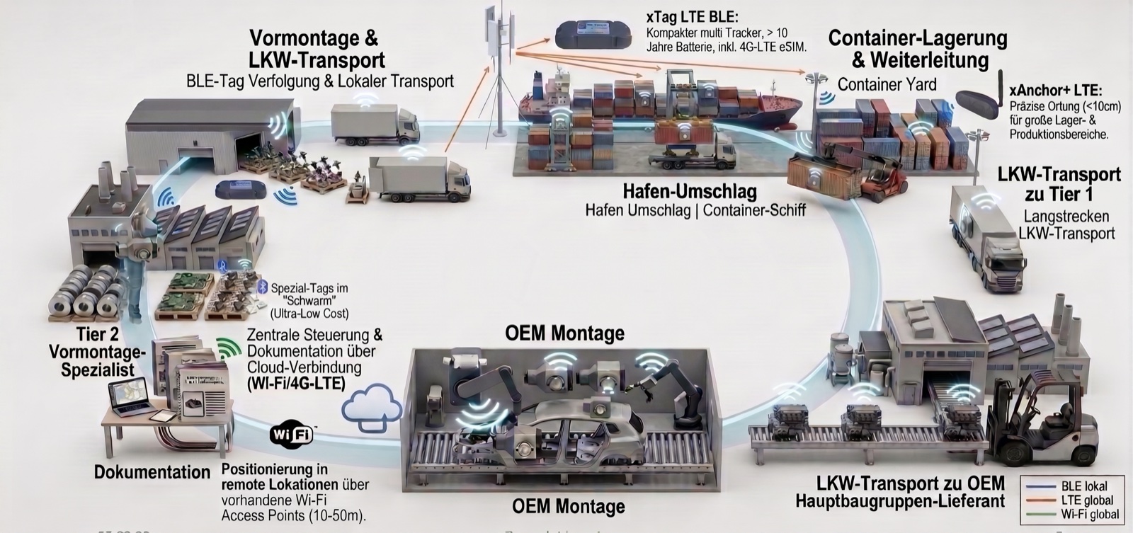Grafik zur globalen Lieferkette mit BLE, LTE und Wi-Fi: vom Tier-2-Vormontage-Spezialisten über Vormontage und LKW-Transport, Hafen-Umschlag und Container-Schiff, Container-Lagerung und Weiterleitung, Langstrecken-Transport zum Tier-1-Lieferanten bis in die OEM-Montage — mit xTag LTE BLE als kompaktem Multi-Tracker, xAnchor+ LTE für präzise Ortung, Spezial-Tags im Schwarm sowie zentraler Steuerung und Dokumentation über die Cloud per Wi-Fi und 4G-LTE