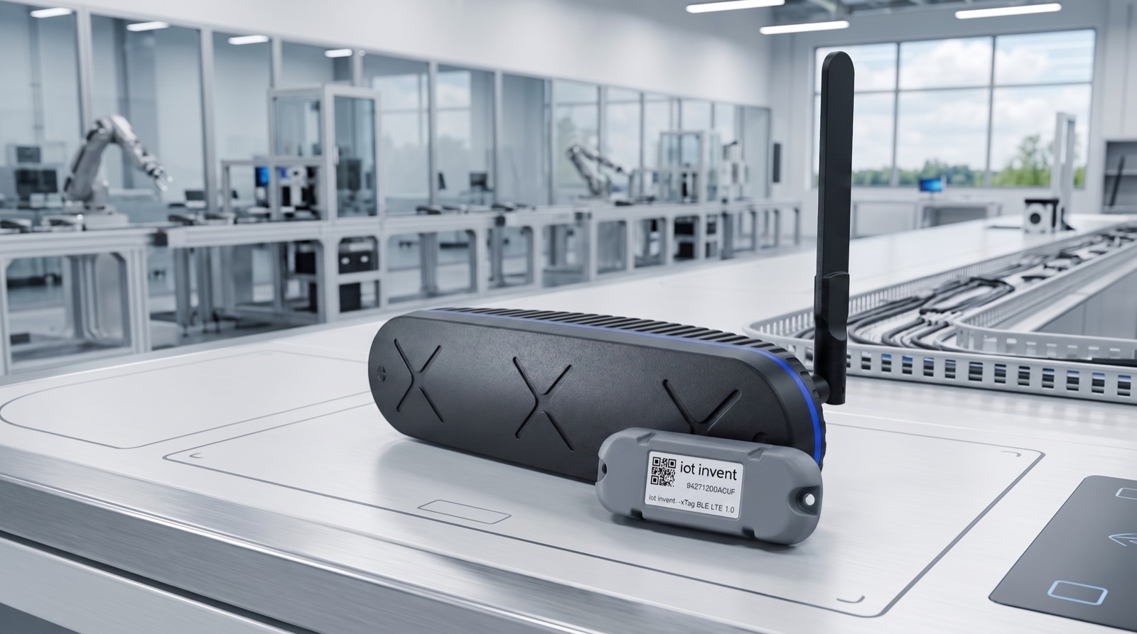 xAnchor+ LTE und xTag LTE BLE auf einem Werkstück-Förderband in der Fertigung
