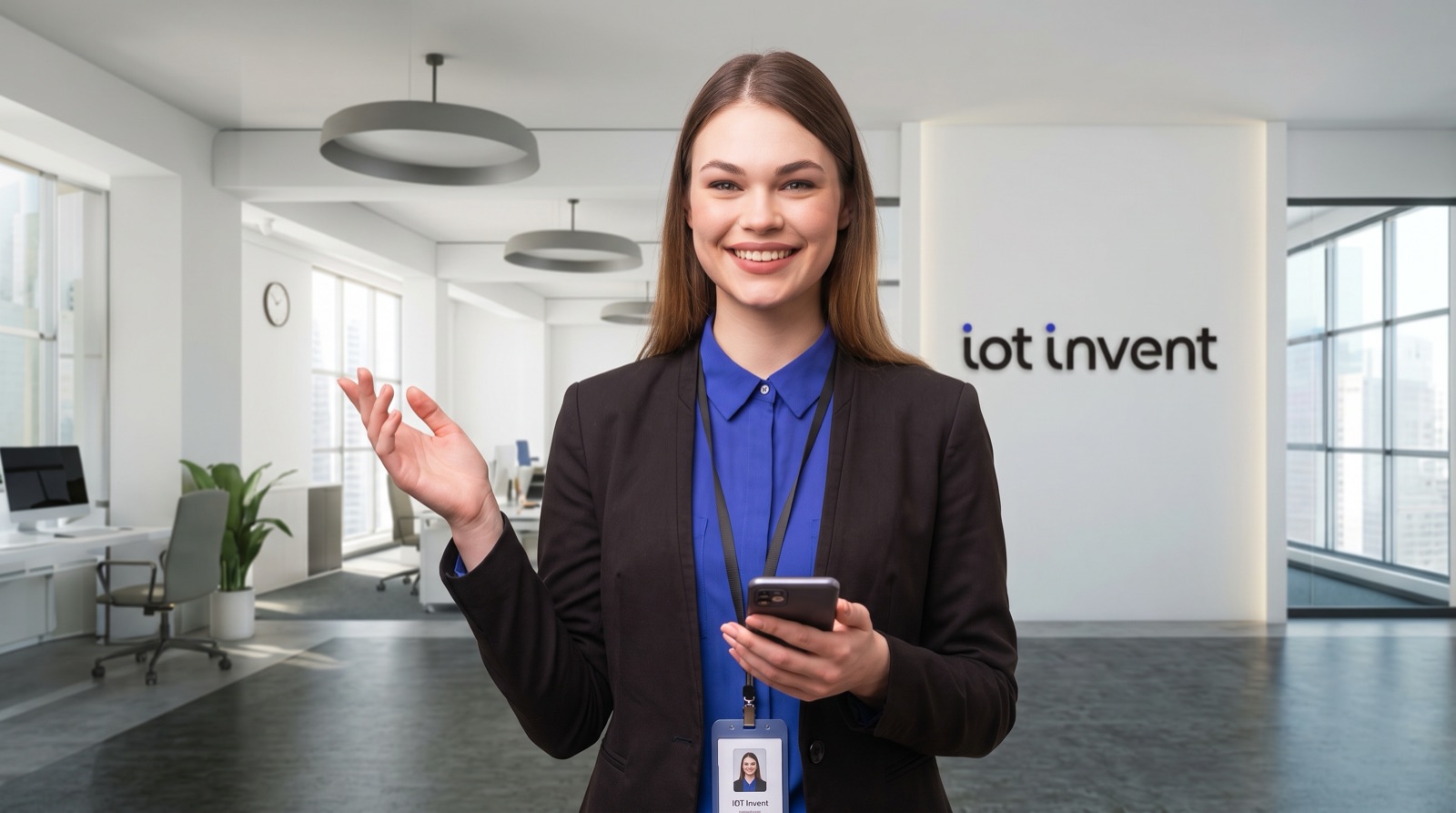 Mitarbeiterin von iot invent im Büro, im Hintergrund das Firmenlogo an der Wand