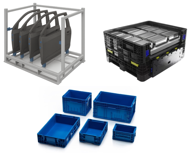 Verschiedene Ladungsträger: Türengestell, Batterie-Transportbox und blaue KLT-Behälter