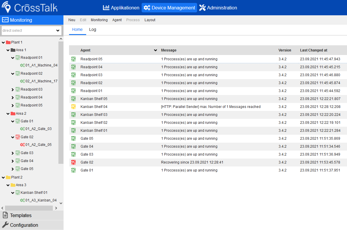 CrossTalk Device Management: Monitoring von Readpoints, Kanban Shelfs und Gates nach Anlage und Bereich