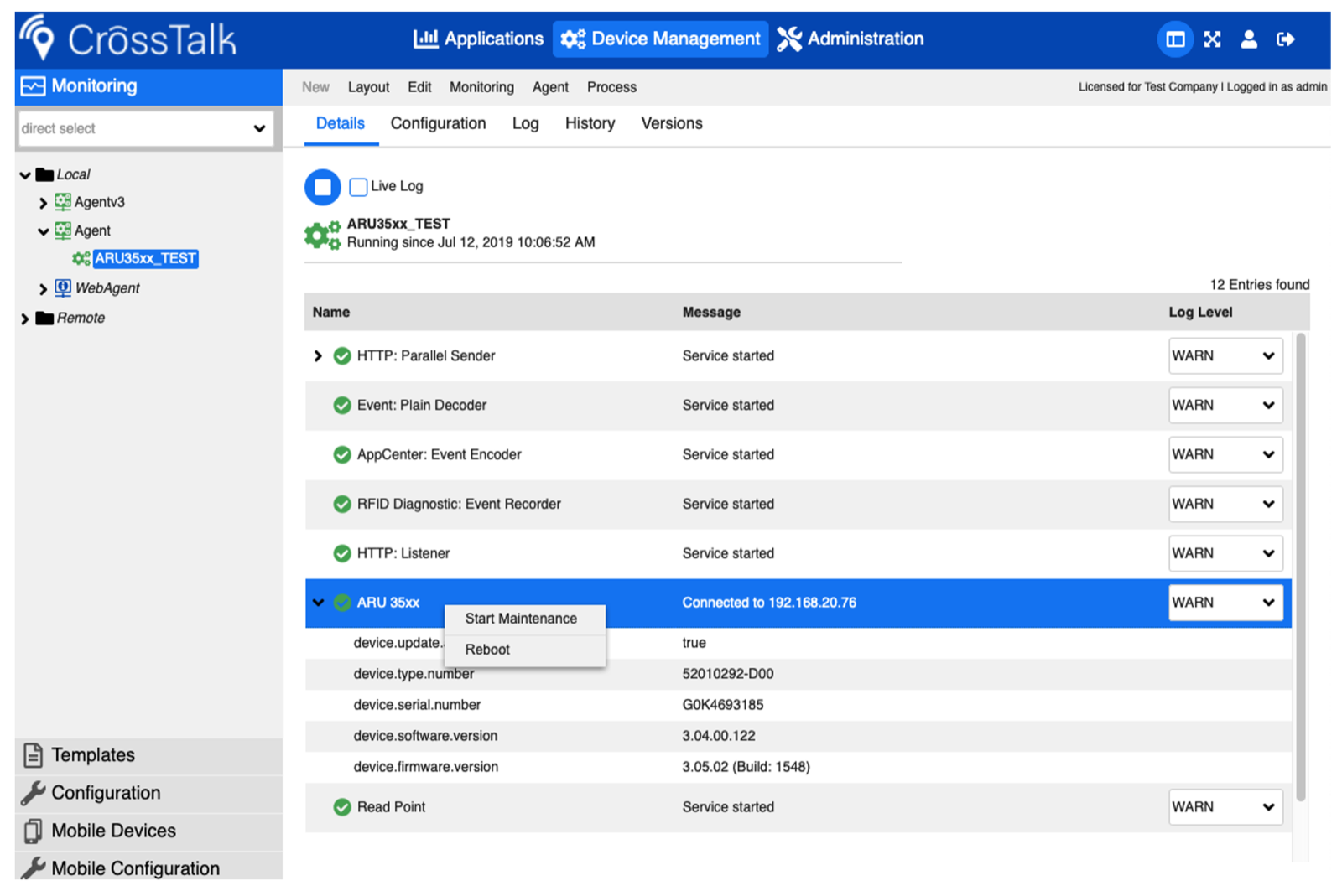 CrossTalk AppCenter: Monitoring-Ansicht eines Agents mit Service-Log und Geräteinformationen