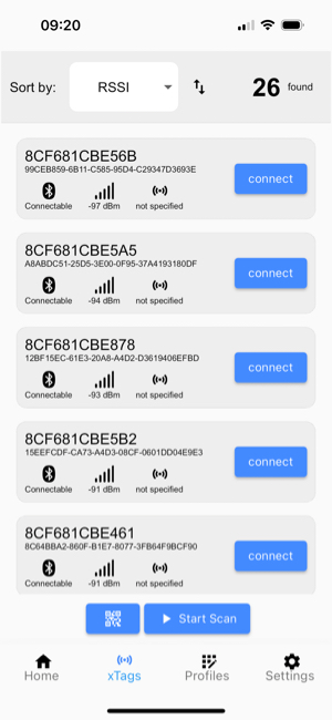 xApp Mobile: Liste gefundener xTags mit Signalstärke und Verbinden-Schaltfläche