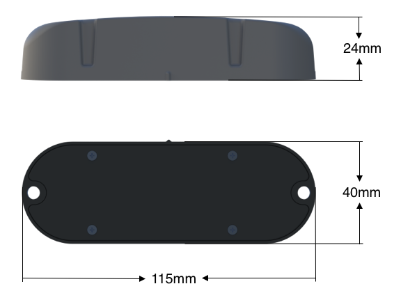 Maßzeichnung xTag LTE BLE: 115 mm lang, 40 mm breit, 24 mm hoch